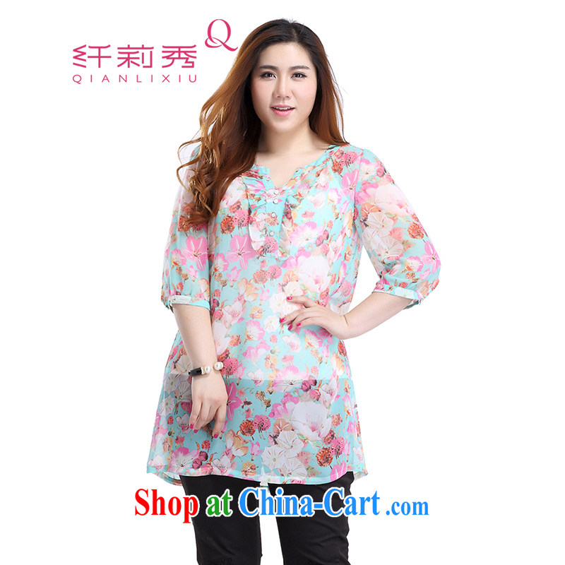Slim Li-su 2015 summer new, larger female stamp round V collar flouncing 7 snow cuff woven shirts T-shirt Q 8356 green ground saffron 3 XL