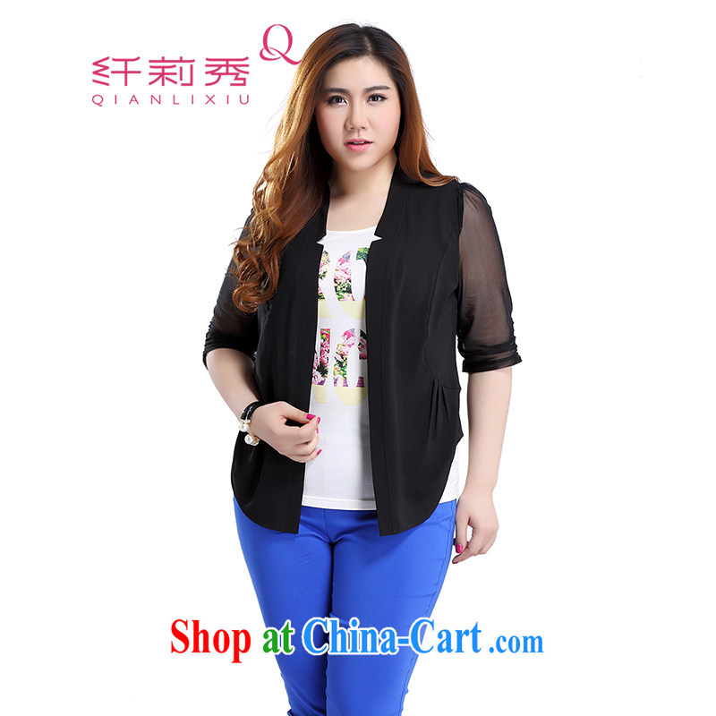 Slim LI Sau 2015 summer new, larger female Korean V collar mesh stitching 100 on the T-shirt shawl small jacket Q 833 black 4XL, slim Li-su, online shopping