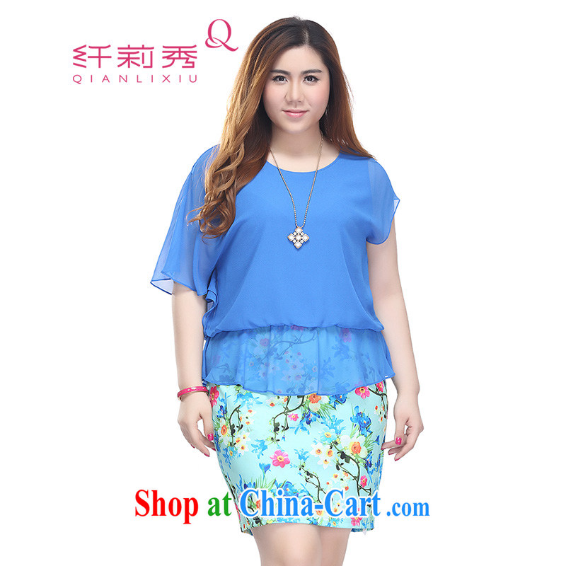 Slim LI Sau 2015 summer new, larger female asymmetric skirt flouncing softness leave two stamp pack and dress Q 7831 color blue 4 XL