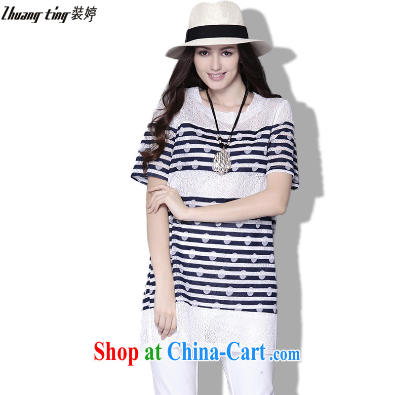 The Ting zhuangting fat people graphics thin summer 2015 the Code women's clothing high-end Europe is the increased emphasis on sister short-sleeved dresses B 005 blue 5 XL