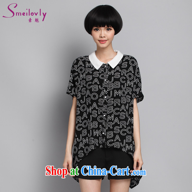 Director of 2015 summer new XL female thick MM stylish letter stamp shirt 1354 Black Large Number 4 XL