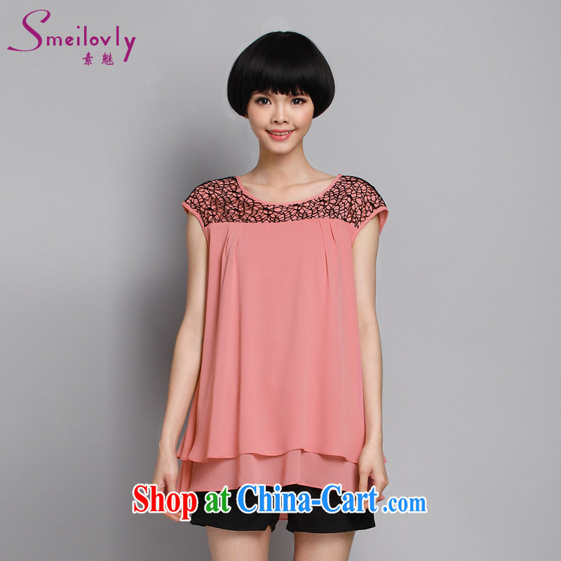 Director of summer 2015 with new, and indeed increase, female fat sister and stylish lace stitching graphics thin leave two snow woven shirts 1355 picture color the code 4 XL