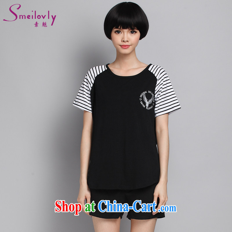 Director of 2015 summer new XL female Korean version thick sister stylish stripes stitching short-sleeved T pension 1631 fall in love with the template black large code 5 XL