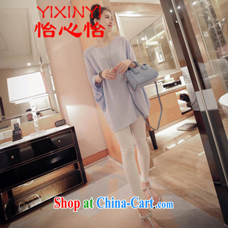 Yi Hsin Yi 2015 new female Korean loose video thin, long, large, snow-woven shirts female short-sleeved snow woven shirts light blue XXXL