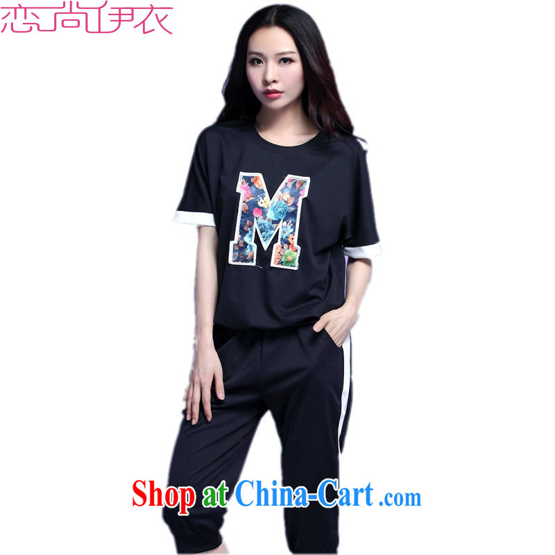 The package mail and indeed increase, female, Yi Kit 2015 new leisure two-piece 7 pants short-sleeved shirt T stamp letters uniforms black XL approximately 125 - 140 jack