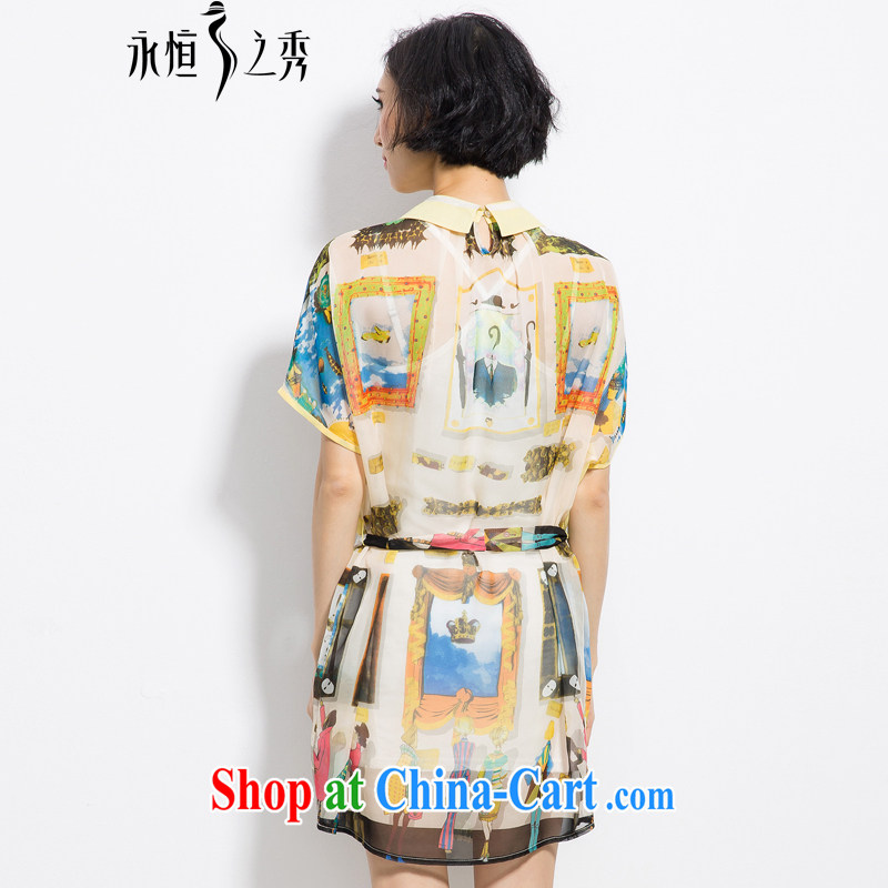 Summer 2015 mm thick new Europe XL female elegant figures stamp snow woven shirts dresses yellow 3XL, eternal, and the show, and shopping on the Internet