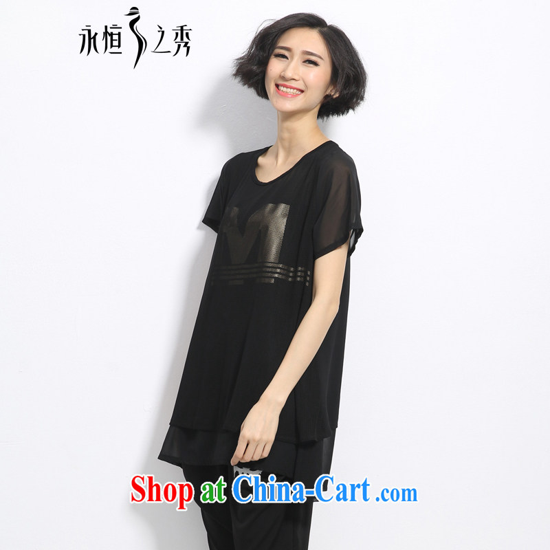 2015 spring and summer mm thick new Korean version of the greater code female minimalist atmosphere letter stamp out poverty video thin T shirt black 3 XL, eternal, and the show, online shopping