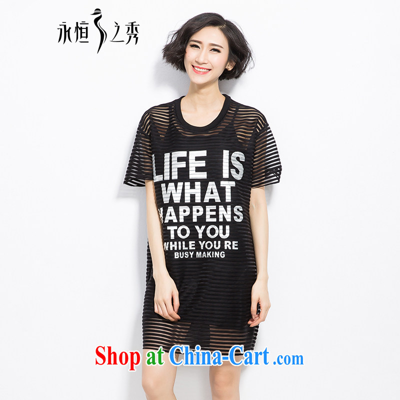 2015 spring and summer thick mm new, the United States and Europe, women stylish Openwork stripes letters two-piece short sleeve shirt T black 3 XL _really two kits_