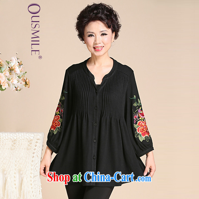 Ousmile 2015 spring and summer new, older women retro Ethnic Wind thick solid mother knit-XL 0808 black 4XL