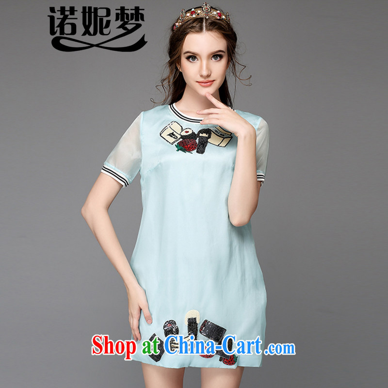 The Connie was a high-end European and American large code female summer 2015 new thick mm stylish candy-colored short-sleeved fun on-chip emulation Silk Dresses G 710 blue 4 XL