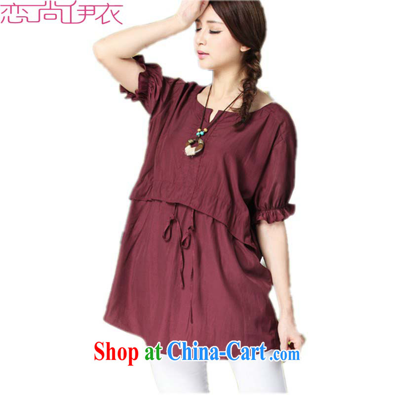 The package mail and indeed increase, female shirt simple round-collar drawcord waist high relaxed, gown T shirt literary lady larger Yi T-shirt graphics thin dark red 3 XL approximately 130 - 150 jack