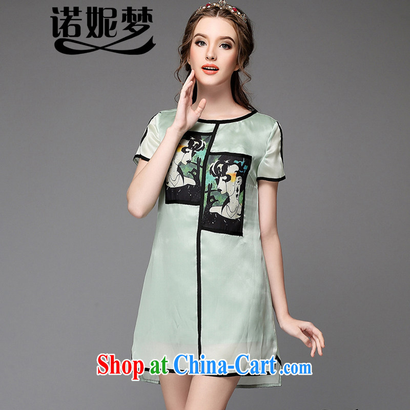 The Connie was a high-end European and American large, female summer 2015 new thick mm stamp emulation silk dress short-sleeved style liberal A Field skirt G 711 green 5 XL