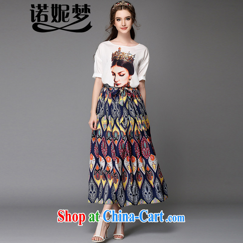 The Connie was a high-end European and American large code female summer new elegant style ethnic Wind _stamp duty short-sleeved T shirt + body long skirt_ dress two-piece G 717 white 5 XL