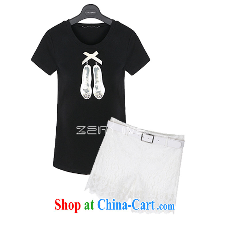 Economy, first declared 2015 the United States and Europe, female summer new mm thick black short-sleeved shirt T T-shirt + lace short pants 1520 #5 XL 180 - 200 jack, first economy Sun, shopping on the Internet
