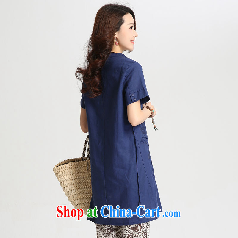 heavy makeup dress summer dress New Literature and Art, the cotton linen ramie relaxed thick MM embroidery, long T shirts small shirts shirt T-shirt large package mail 8031 Navy L, Ho, Colombia (HAOZHUANG), online shopping