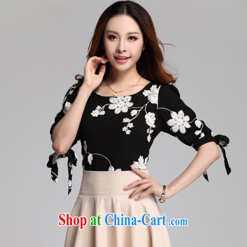 The tower, summer 2015 new Korean female XL thick sister fat people dress graphics thin, 5 cuff round-neck collar Embroidery is really two-piece dresses black T-shirt XL, the tower, and, shopping on the Internet