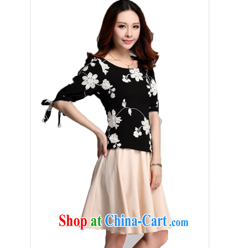 The tower, summer 2015 new Korean female XL thick sister fat people dress graphics thin, 5 cuff round-neck collar Embroidery is really two-piece dresses black T-shirt XL, the tower, and, shopping on the Internet