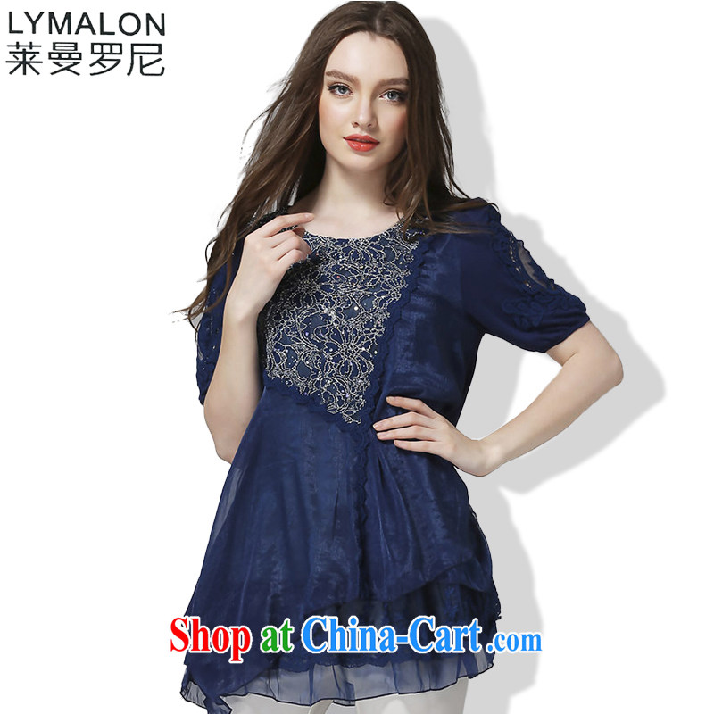 The Ting 2015 summer new, larger female and indeed increased in Europe and loose embroidered snow-woven lace short sleeve T-shirts solid 5051 blue XXXXL