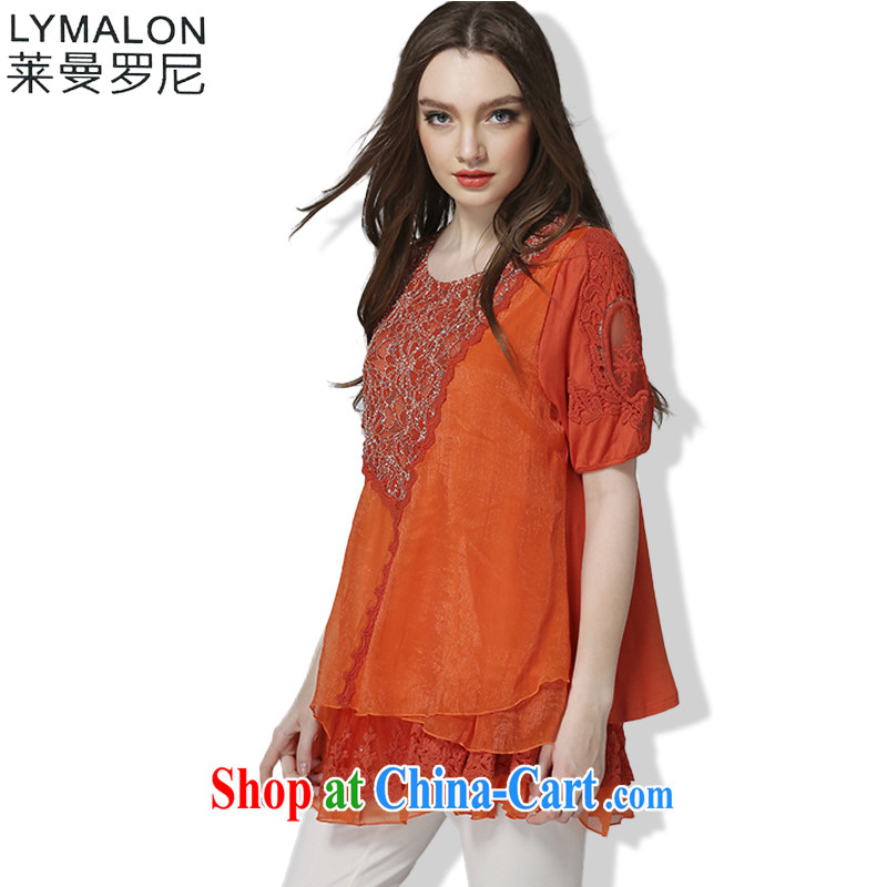 The Ting 2015 summer new, larger female and indeed in Europe and more lenient embroidered snow-woven lace short sleeve T-shirts solid 5051 blue XXXXL, Lehman Ronnie (LYMALON), shopping on the Internet