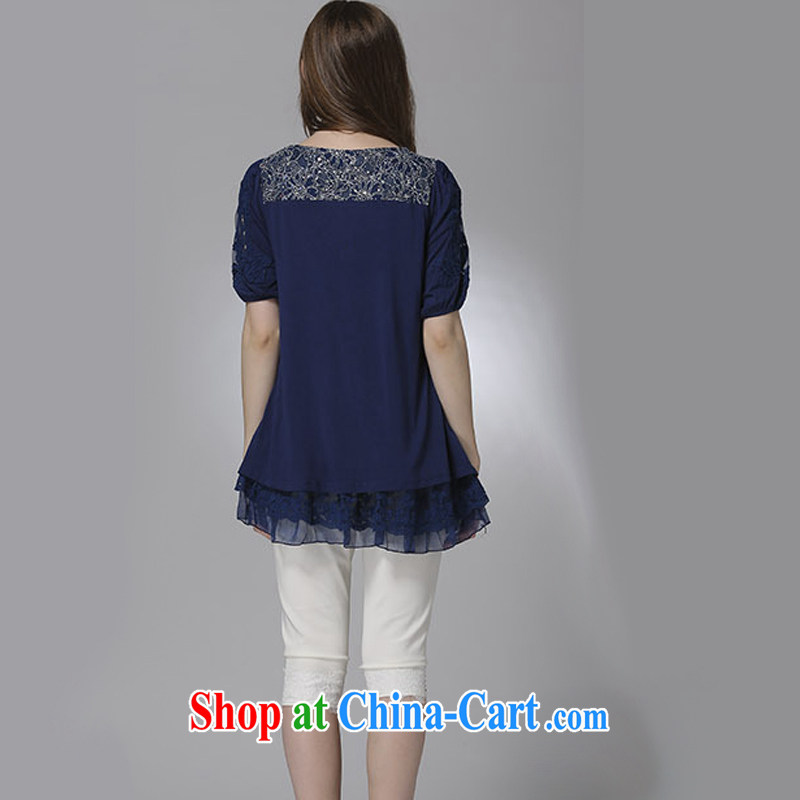 The Ting 2015 summer new, larger female and indeed in Europe and more lenient embroidered snow-woven lace short sleeve T-shirts solid 5051 blue XXXXL, Lehman Ronnie (LYMALON), shopping on the Internet