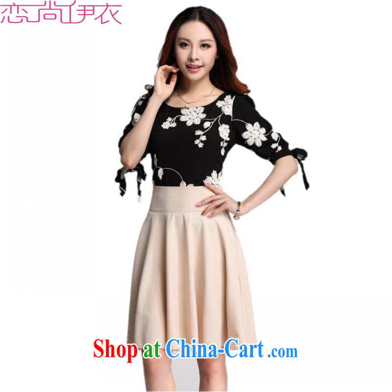 Slim Anne The ventricular hypertrophy, Yi 2015 new summer Korean version of the greater number of 5 cuff round-collar embroidered dresses really two-piece body skirts, sleeves shirt T skirt set apricot color T-shirt 3XL 2 foot 7, slim, Connie, and shopping on the Internet