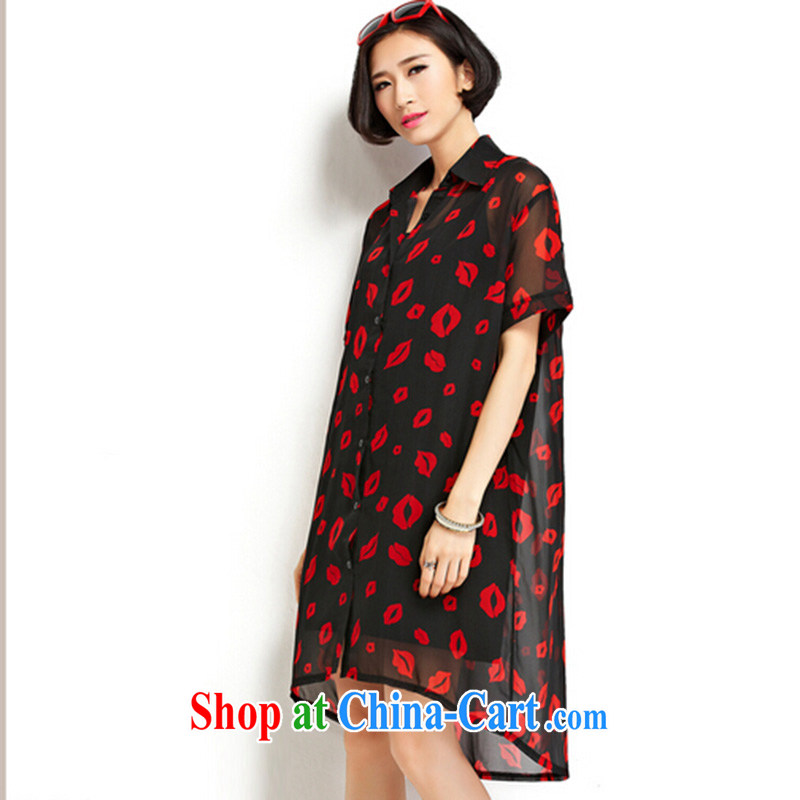 She concluded her card 2015 summer new, large, female snow woven shirts girls summer short-sleeved red lips stamp loose video thin shirt black, code, she concluded her card (SHAWADIKA), online shopping