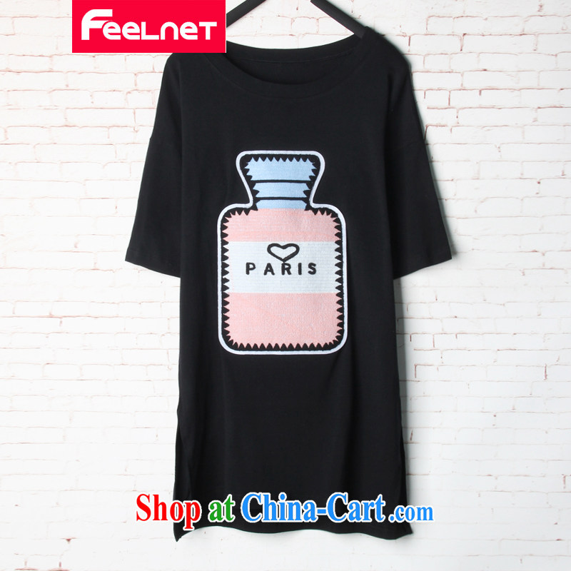 feelnet large female thick mm summer new Korean version loose video thin, long, stamp duty short-sleeved T pension 1595 black 48 code_recommendations 90 - 150 kg