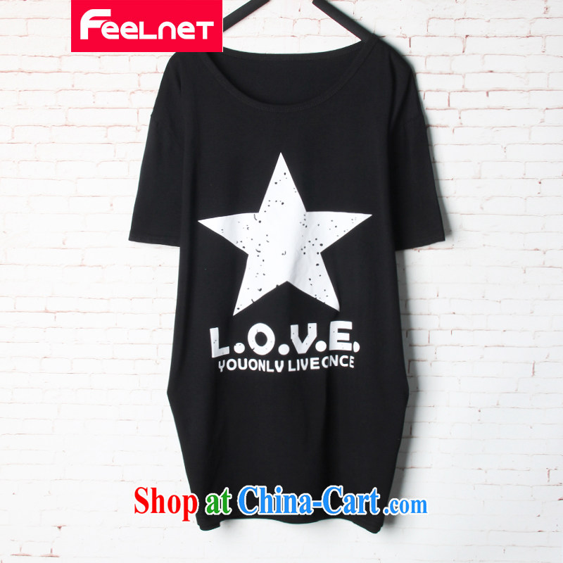 feelnet XL girls thick sister 2015 summer new Korean relaxed, long, short-sleeved shirt T 1591 black 48 code_recommendations 90 - 150 kg