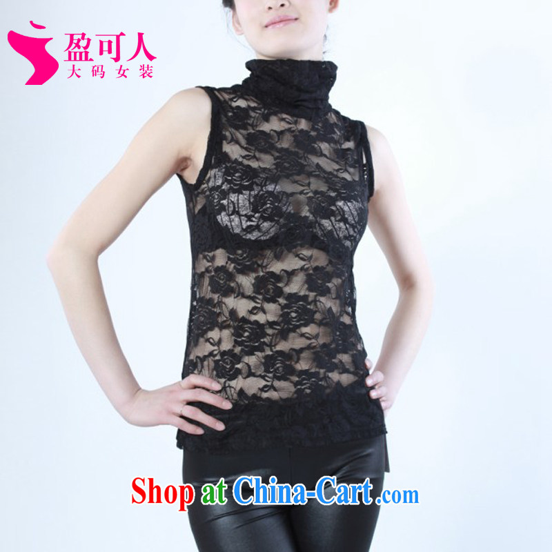 surplus to summer new, larger female Web yarn solid T-shirt T-shirt high-collar vest Openwork sexy 100, ground sleeve black lace L