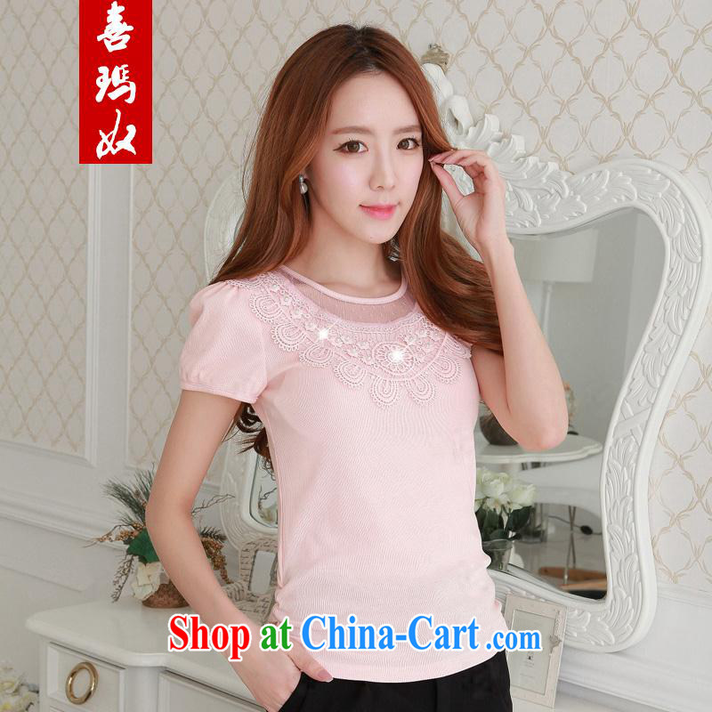Hi Princess slave version won the thin lace embroidery lace round-neck collar pin Pearl short-sleeved knit shirts T larger female Q 983,679 pink large code 4 XL