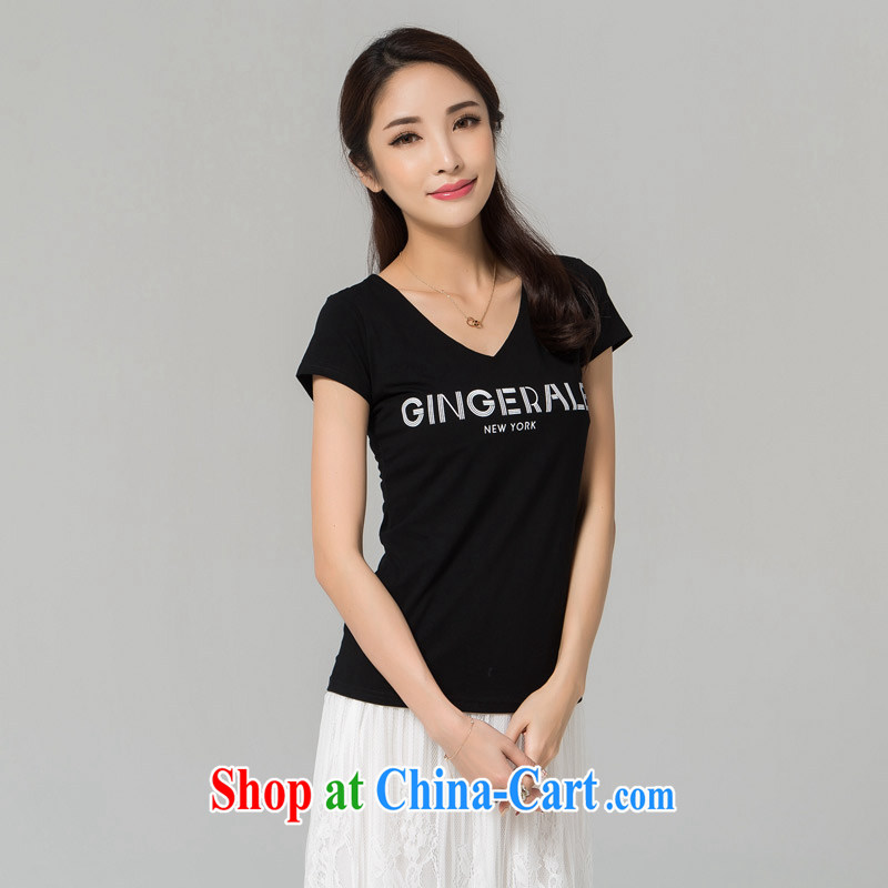 blue if the water increase, female 2015 summer new emphasis on cultivating MM simple letter stamp 100 ground short-sleeved T shirt black large code XXXL