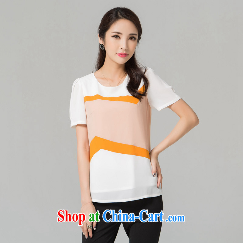 blue if the water increase, female 2015 summer new emphasis on cultivating MM bubble cuff spell-color round-collar short-sleeved snow woven shirts large white code XXXXL