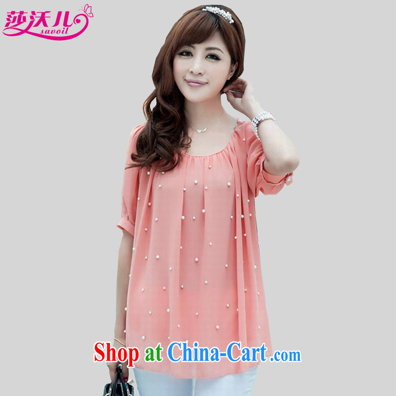 Elizabeth's Kosovo savoil larger thick mm female Korean video thin short-sleeve loose bubbles snow cuff woven shirts, long, short-sleeved T-shirt 5519 powder color 3XL