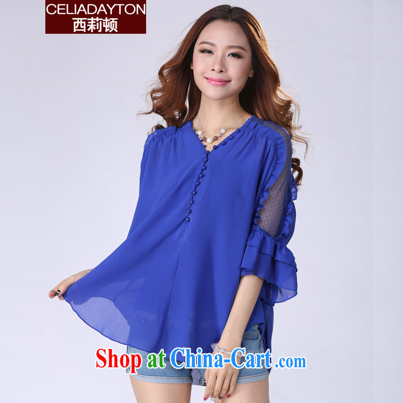 Szili Clinton snow woven shirts female short-sleeved summer 2015 mm thick new and indeed XL loose video thin lady snow woven shirts thick sister two-piece of Yuan T-shirt blue XXXL