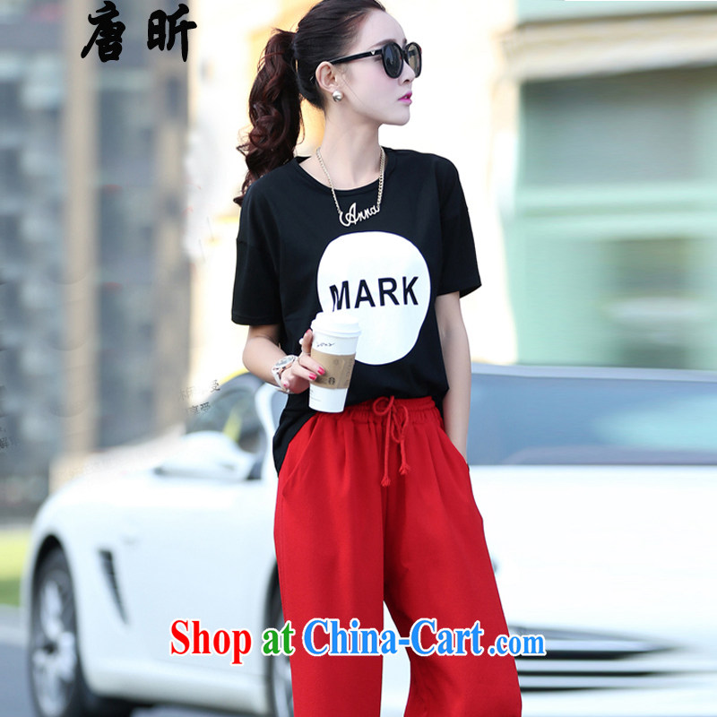 Tang year 2015 summer new, larger female short-sleeved T shirt pure cotton two-piece in Europe and 7 loose pants Black + red trousers 8899 XL 2 135 - 145 Jack left and right