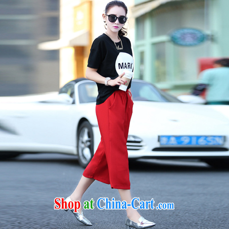Tang year 2015 summer new, larger female short-sleeved T shirt pure cotton two-piece in Europe and 7 loose pants Black + red trousers 8899 XL 2 135 - 145 Jack left and right, Tang, and shopping on the Internet