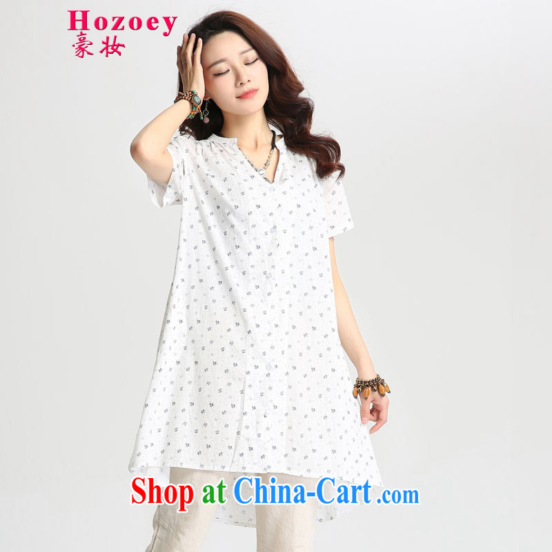 heavy makeup dress summer dress New Literature and Art, Retro stamp duty cotton the linen relaxed, long black-out poverty thick MM shirts small shirts T-shirt large package mail 8036 white flower L