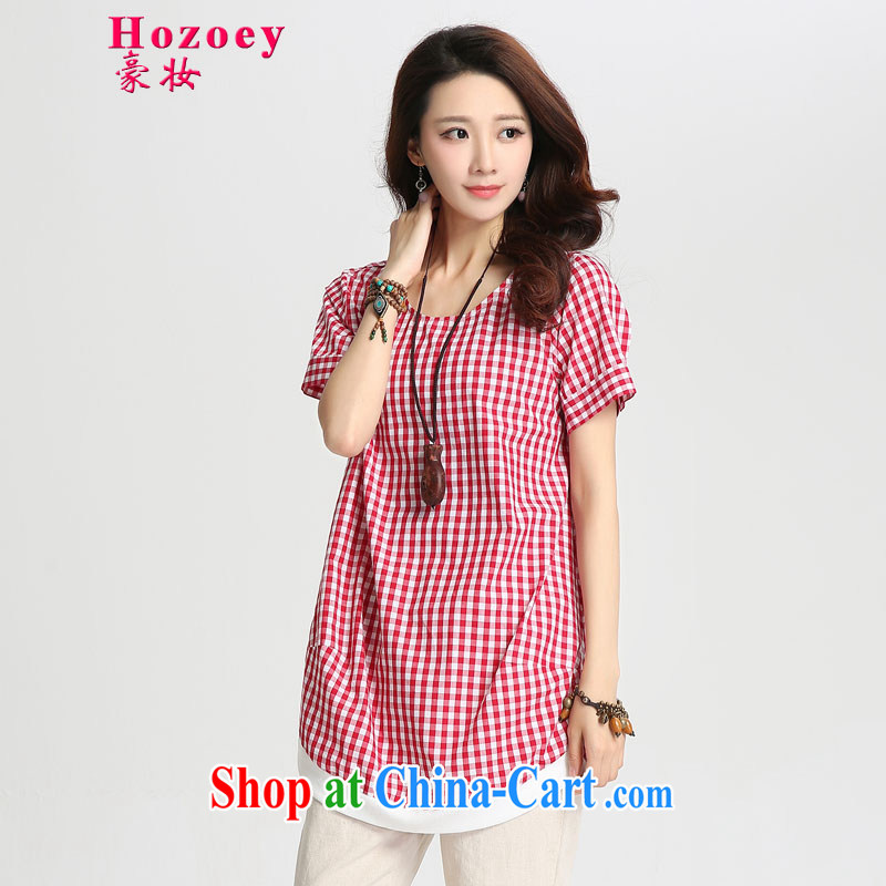 heavy makeup dress summer dress new cotton the flax art van stylish grid stamp loose shutters in poverty long T shirts small shirts T-shirt large package mail 8039 red grid XXL
