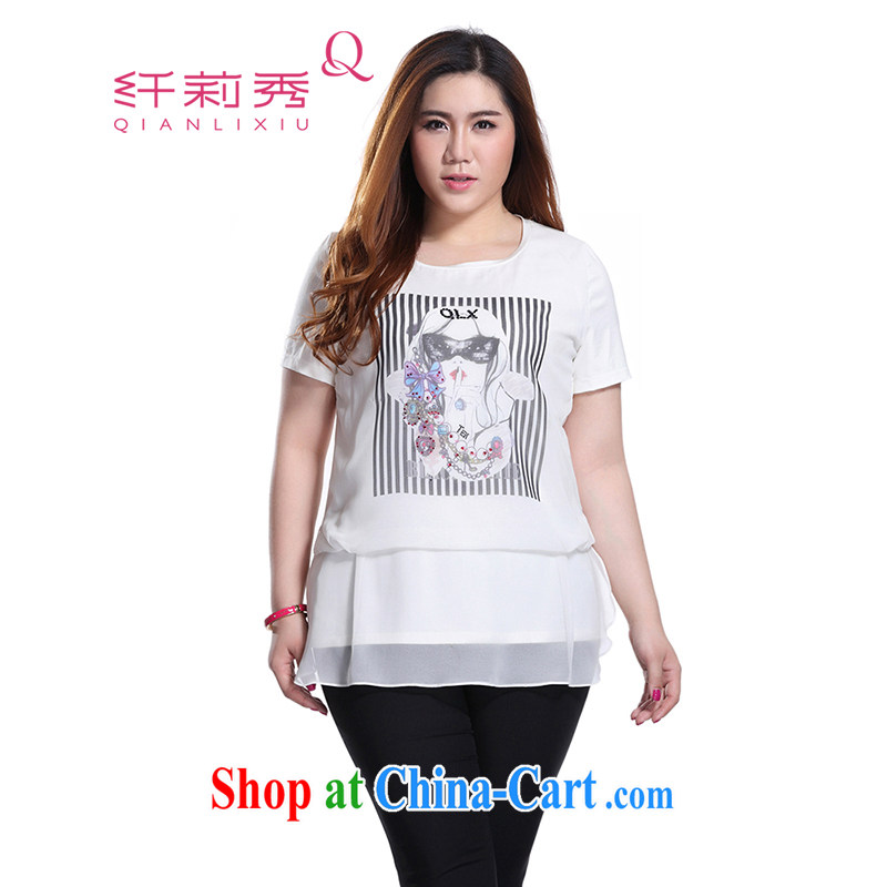 Slim LI Sau 2015 spring and summer new, larger women who streaks stamp hit the stitching parquet drill round-collar short-sleeve woven snow leave of two pieces of knitted shirts Q 8371 m White 5 XL