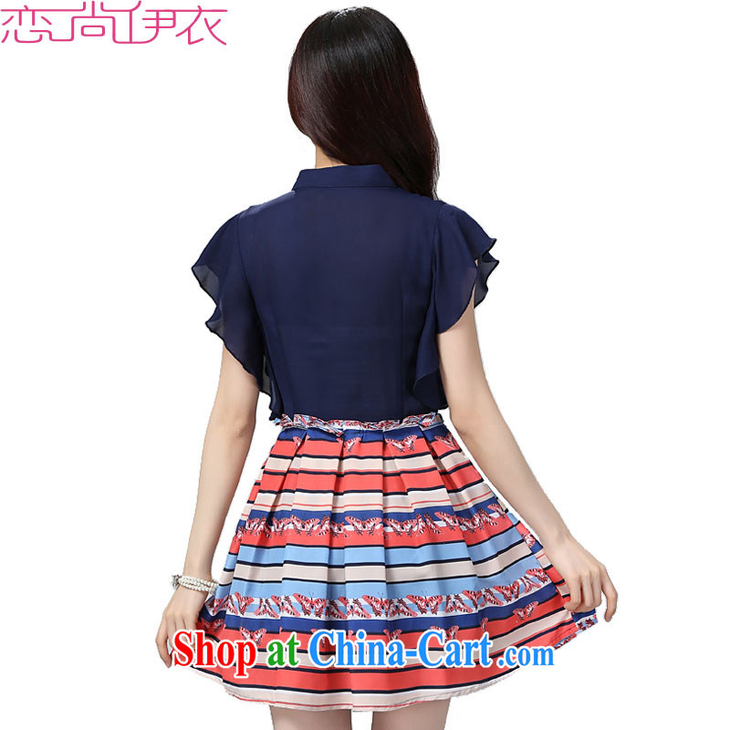The stylish summer is indeed the XL dresses stamp 2015 summer thick sister V collar flouncing snow stamp duty woven skirts commute short skirts dark blue 3XL approximately 155 - 170 jack, land is still the garment, shopping on the Internet