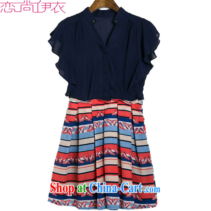 The stylish summer is indeed the XL dresses stamp 2015 summer thick sister V collar flouncing snow stamp duty woven skirts commute short skirts dark blue 3XL approximately 155 - 170 jack, land is still the garment, shopping on the Internet