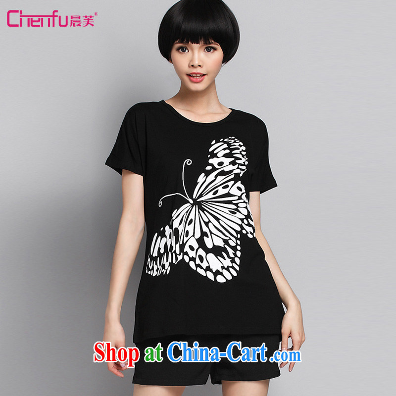 Morning would be 2015 summer new Korean version is indeed the XL women mm thick 100 Ground Plane Collision-color butterfly stamp short-sleeved loose leisure T shirt pure cotton black 5 XL _180 - 200 _ jack