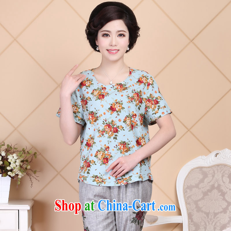 2015 Ousmile new spring and summer, older mothers with stylish stamp loose short sleeve female T shirt shirt larger R 016 light blue 4 XL, Ousmile, shopping on the Internet