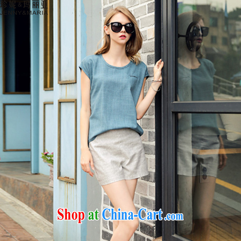 Jeanne _ Mary 2015 summer new linen and Leisure package fashion European and American high-waist graphics thin shorts larger female 580 Peacock Blue + gray shorts 3XL