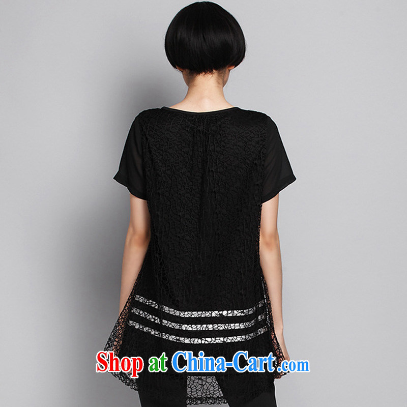 Morning would be the fat XL female thick MM summer 2015 new Openwork stitching round collar short-sleeved black shirt T temperament does not rule mesh T-shirt black 3 XL (150 - 165 ) jack, morning, and shopping on the Internet