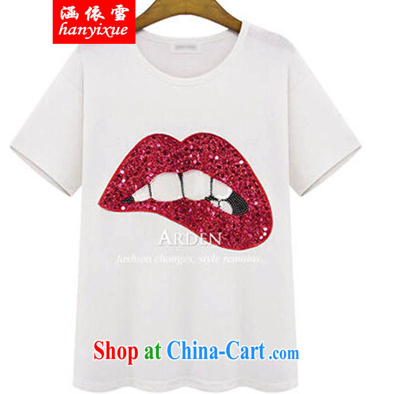 covered by snow in accordance with new FAT, female video thin, Summer in Europe and T-shirt thick sister leisure loose cotton short-sleeved T-shirt white red mouth 5 XL