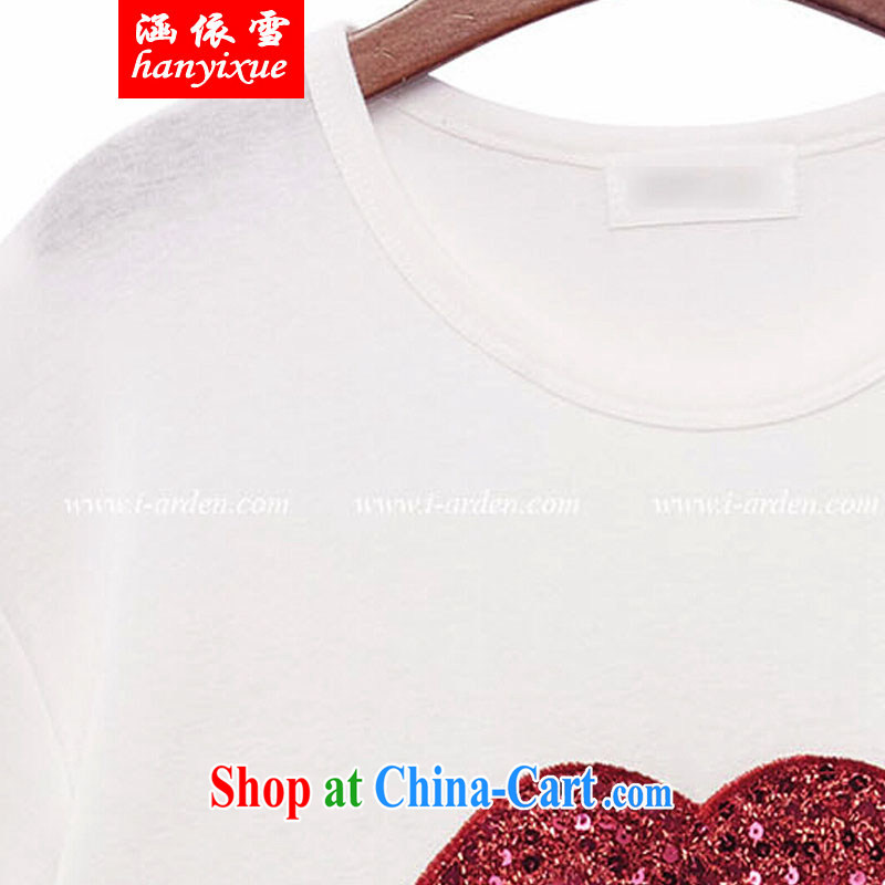 covered by snow in accordance with new, thick, female video thin, Summer in Europe and T-shirt thick sister leisure loose cotton short-sleeved T-shirt white red mouth 5 XL, covered in snow, and Internet shopping