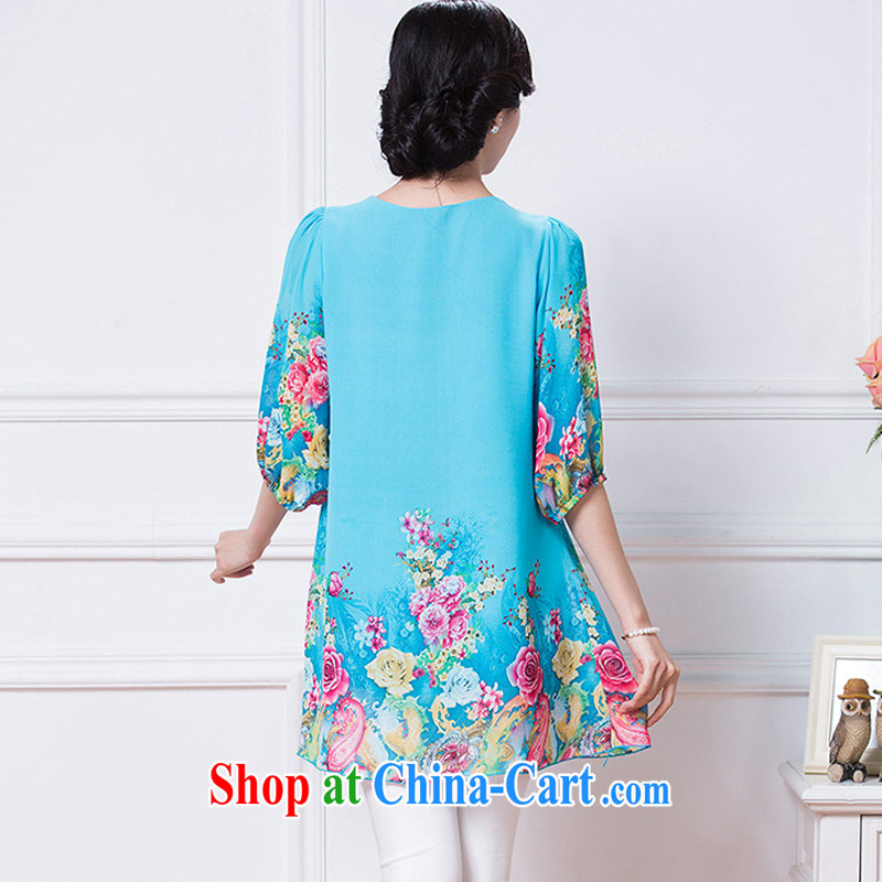 Fujing Qipai rain in 2015 new summer dress Korean elderly in loose video thin aura floral XL thick MM the fat mom with snow in woven cuff dress blue 5 XL, Fujing Qipai, rain (QIYUEYU), shopping on the Internet