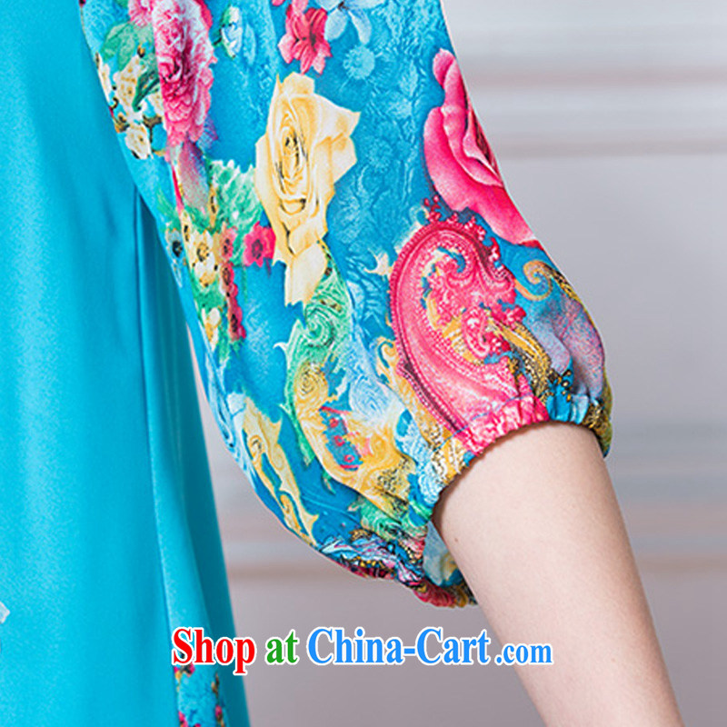Fujing Qipai rain in 2015 new summer dress Korean elderly in loose video thin aura floral XL thick MM the fat mom with snow in woven cuff dress blue 5 XL, Fujing Qipai, rain (QIYUEYU), shopping on the Internet