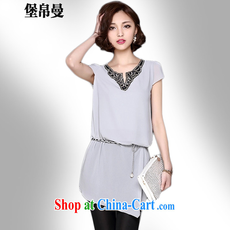 Fort Lauderdale Palau Cayman 2015 summer female new beauty embroidery V collar, long, loose short-sleeved larger snow woven shirts 553 light gray XL